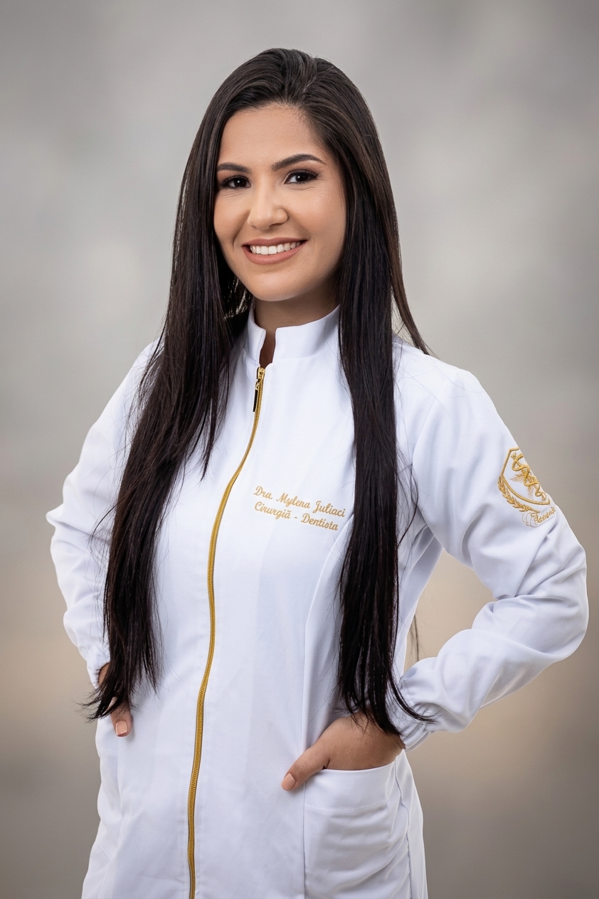 Dra. Mylena Juliaci, cirurgiã-dentista, sorrindo em seu jaleco branco com detalhes dourados